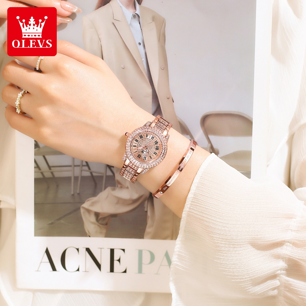 OLEVS Đồng Hồ nữ Chính hãng dây đeo bằng thép không có chức năng phát sáng chống thấm kim cương 9943