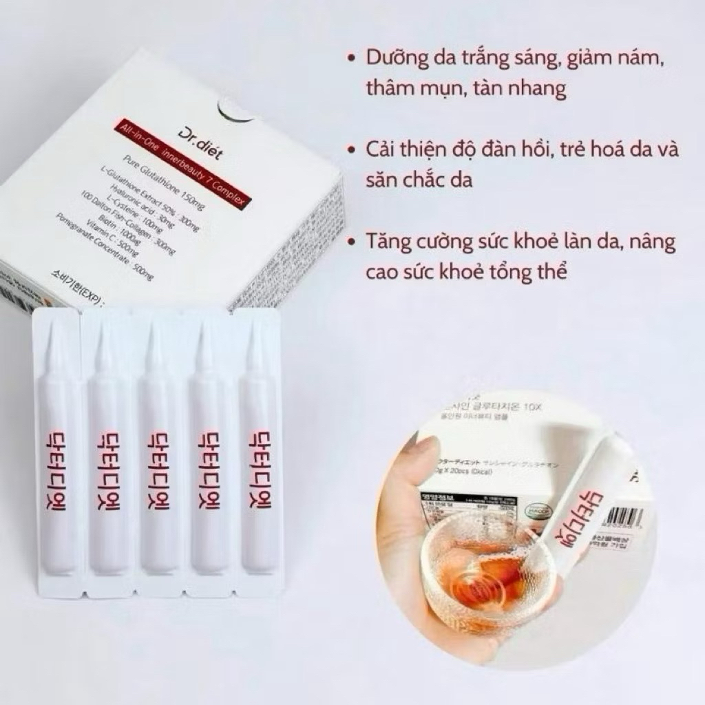 Có tem phụ tiếng việt ) Mặt Nạ Nước Trắng Da Dr.Diet Sunshine Glutathione GC 10X Giúp Da Trắng Sáng hộp 20 ống
