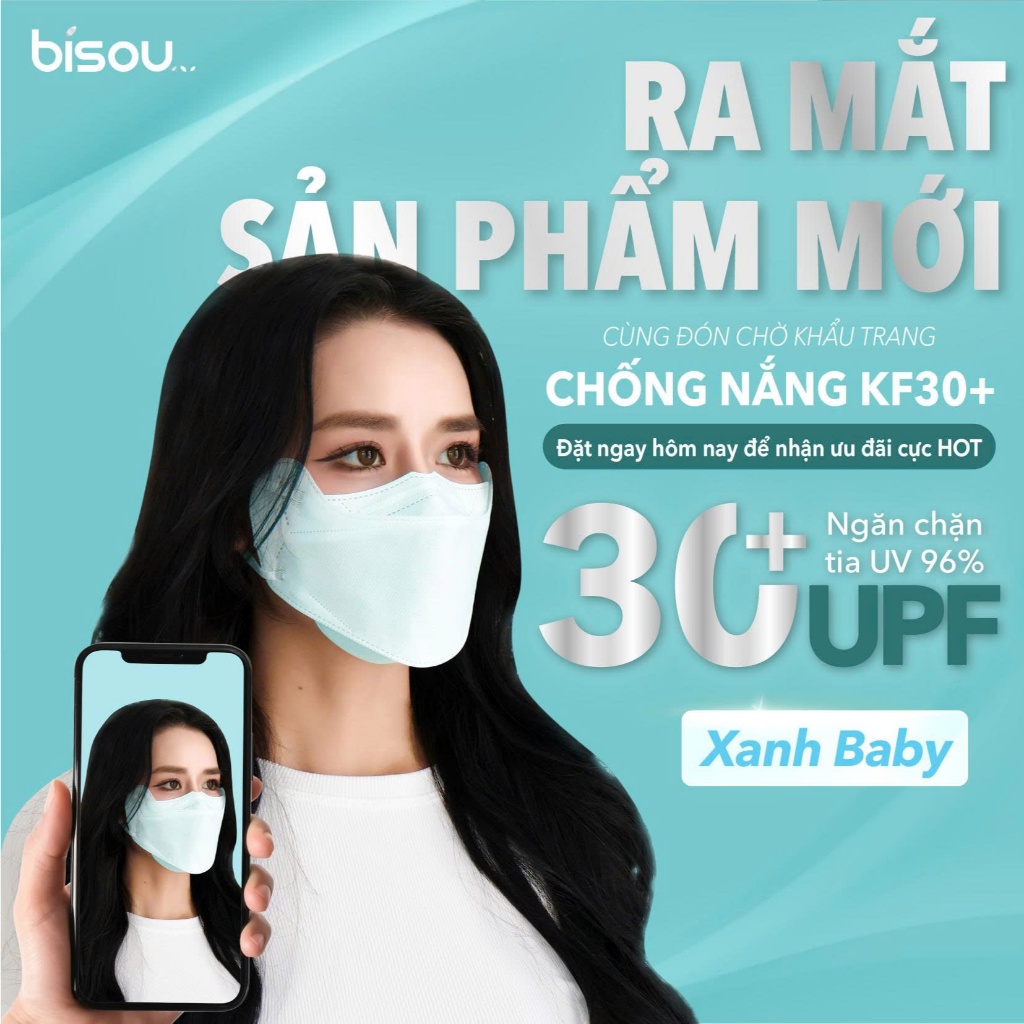 [NEW] Túi 10 cái Khẩu Trang Chống Nắng KF30+ chống tia UV 96% nhiều màu Xanh Baby hiệu BISOU