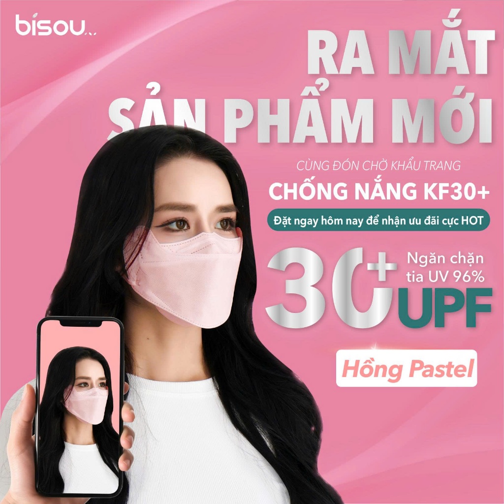 [NEW] Túi 10 cái Khẩu Trang Chống Nắng KF30+ chống tia UV 96% nhiều màu Hồng Pastel hiệu BISOU