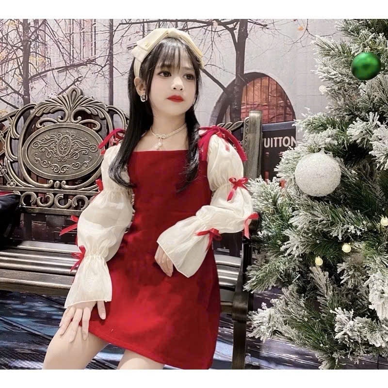 Đầm nhung đỏ bé gái ,thiết kế phối voan tay dài đính nơ dễ thương cho mẹ và bé gái,đầm đỏ cho mẹ và bé diện lễ Noel-Tết