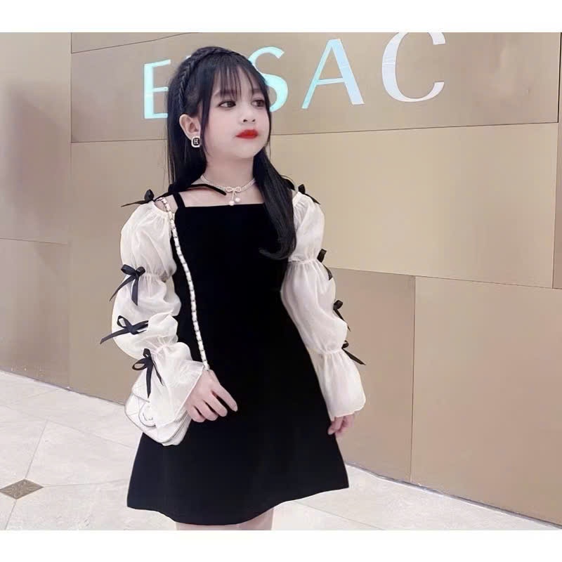 Đầm bé gái form dáng xòe tay dài phối nơ sang chảnh dự tiệc Noel Tết chụp ảnh xinh lung linh,cho bé gái và mẹ từ 13-56kg