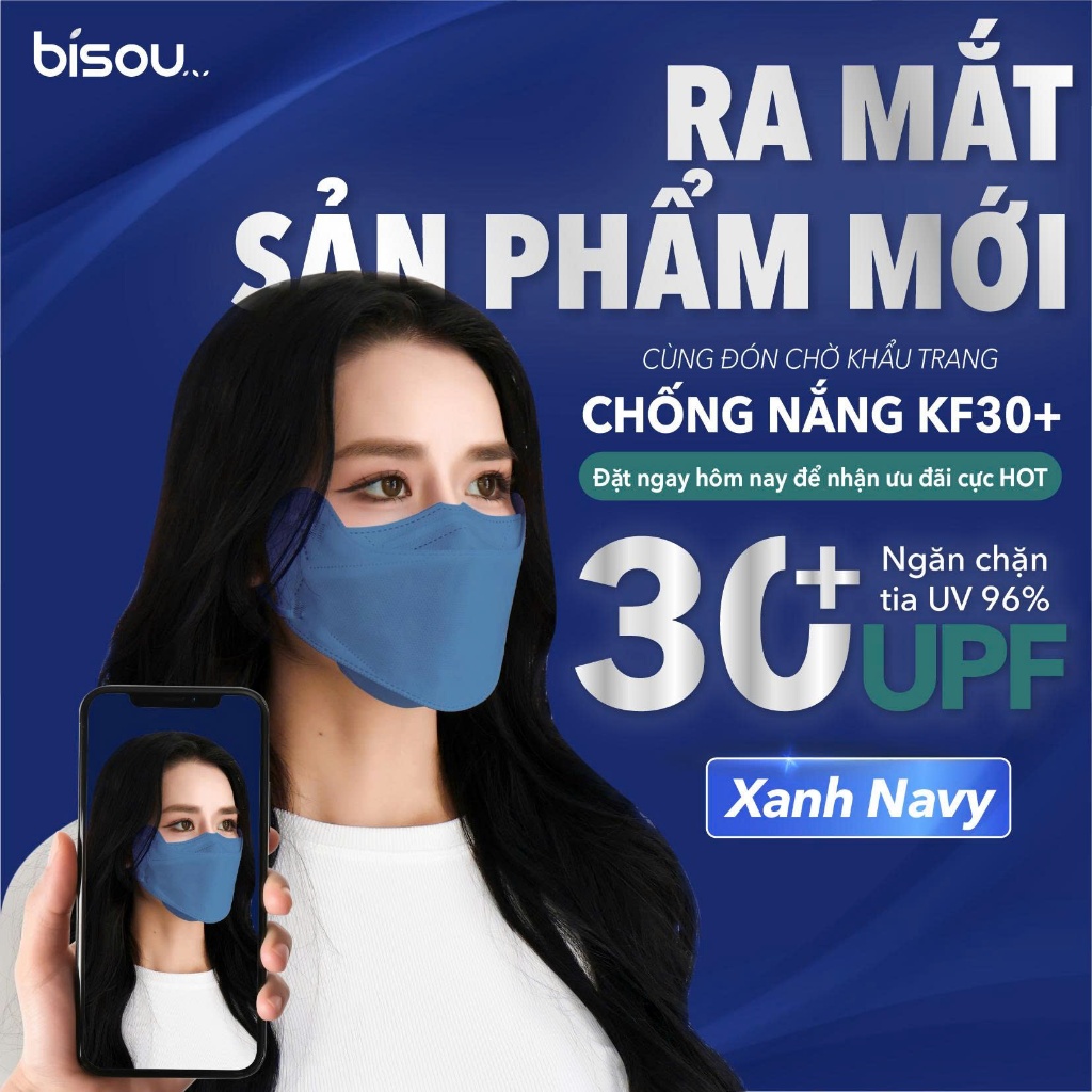 [NEW] Túi 10 cái Khẩu Trang Chống Nắng KF30+ chống tia UV 96% nhiều màu Xanh Navy hiệu BISOU