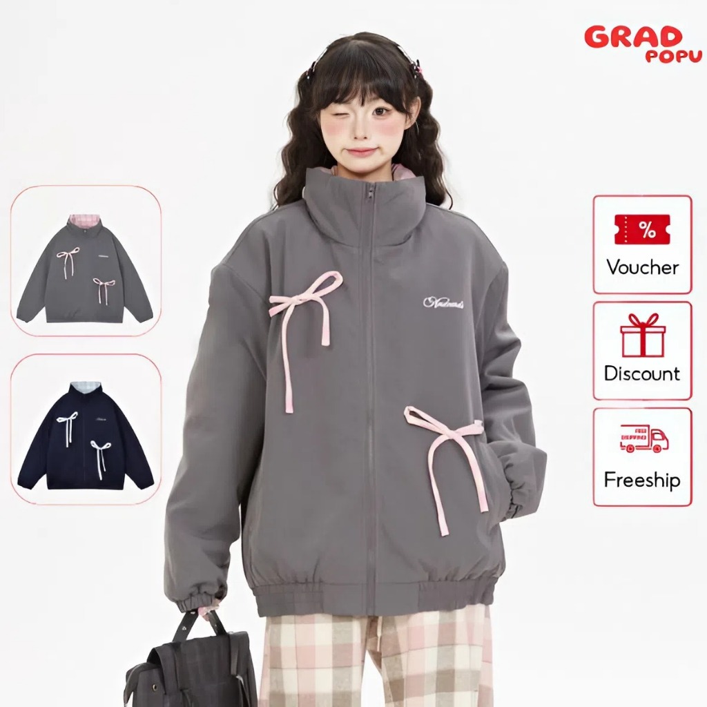 Áo khoác phao nữ GRADPOPU chất cotton dày dặn, dáng rộng kẻ caro cổ đứng họa tiết thắt nơ PAP32