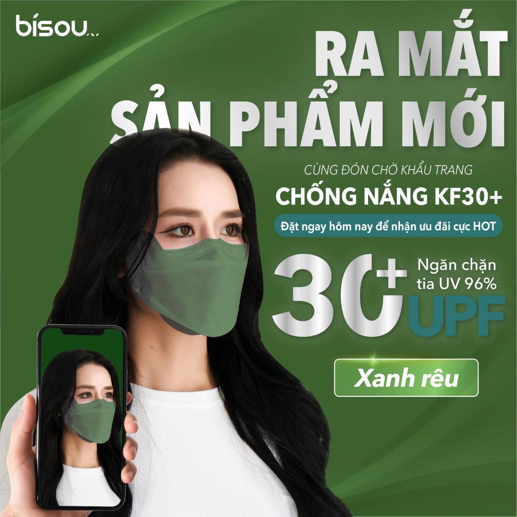 [NEW] Túi 10 cái Khẩu Trang Chống Nắng KF30+ chống tia UV 96% nhiều màu Xanh Rêu hiệu BISOU