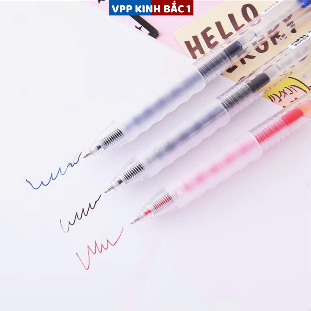 10 Bút Bi Bấm Mực Gel Vỏ Trong Suốt, Ngòi ST 0.5mm, Viết Êm Trơn Mực Ra Đều, Đủ 3 Màu Xanh/ Đen/ Đỏ Dùng Cho Học Sinh.