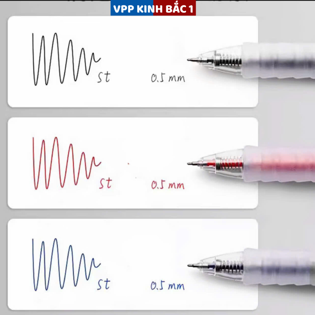 10 Bút Bi Bấm Mực Gel Vỏ Trong Suốt, Ngòi ST 0.5mm, Viết Êm Trơn Mực Ra Đều, Đủ 3 Màu Xanh/ Đen/ Đỏ Dùng Cho Học Sinh.