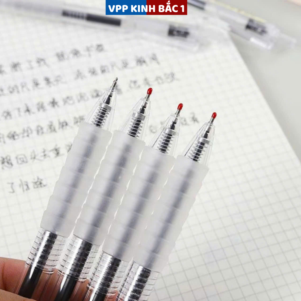 10 Bút Bi Bấm Mực Gel Vỏ Trong Suốt, Ngòi ST 0.5mm, Viết Êm Trơn Mực Ra Đều, Đủ 3 Màu Xanh/ Đen/ Đỏ Dùng Cho Học Sinh.