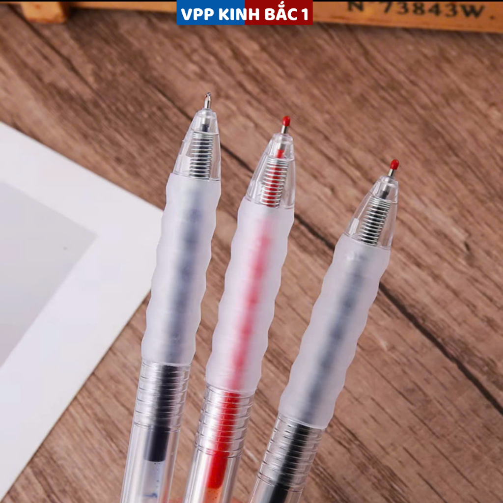 10 Bút Bi Bấm Mực Gel Vỏ Trong Suốt, Ngòi ST 0.5mm, Viết Êm Trơn Mực Ra Đều, Đủ 3 Màu Xanh/ Đen/ Đỏ Dùng Cho Học Sinh.