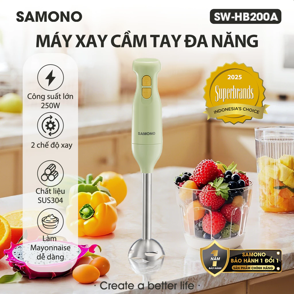 (MỚI) Máy xay cầm tay đa năng SAMONO SW-HB200A 250W thanh tay nhựa, xay cháo, xay sinh tố - BH 1 năm