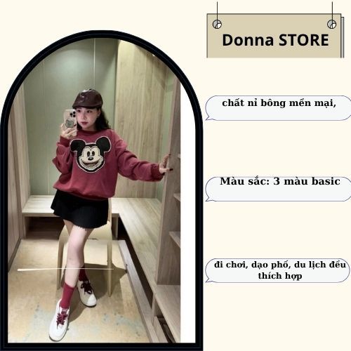 áo nỉ nữ , áo thu đông nữ dài tay cổ tròn thêu hình mikey nhiều màu chất vải mền mại Donna hcom3678