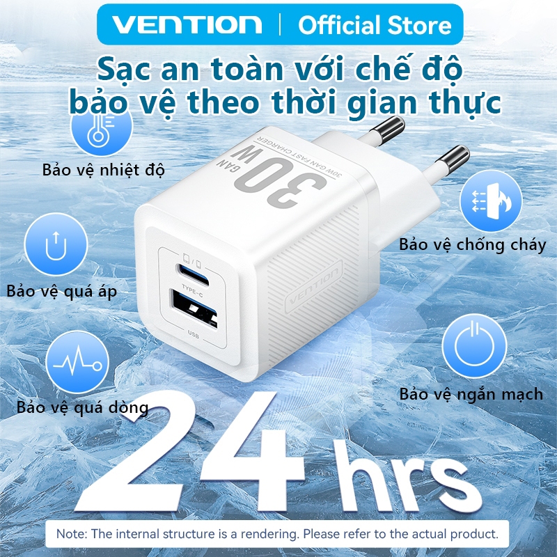 Bộ Sạc Nhanh 30W GaN Vention 2 Cổng USB-C Và USB-A Kèm Cáp Type-C To C 1M -  Hỗ Trợ PD  Cho Phone, Samsung, Xiaomi