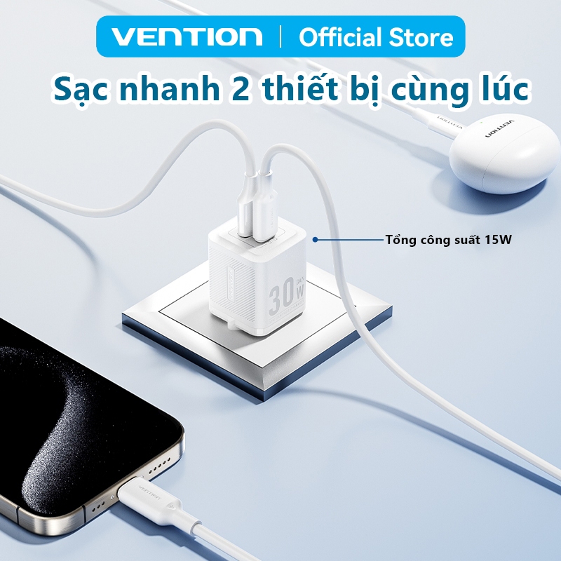 Bộ Sạc Nhanh 30W GaN Vention 2 Cổng USB-C Và USB-A Kèm Cáp Type-C To C 1M -  Hỗ Trợ PD  Cho Phone, Samsung, Xiaomi