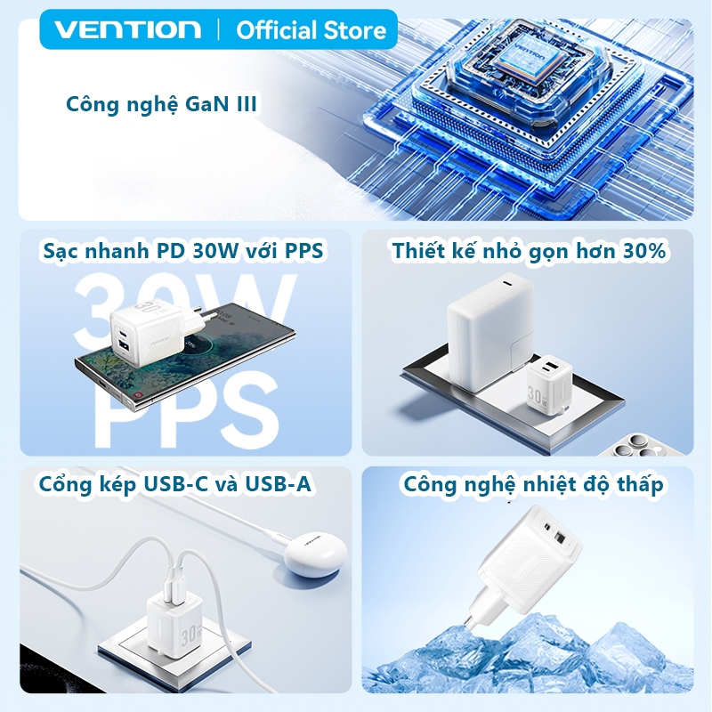 Bộ Sạc Nhanh 30W GaN Vention 2 Cổng USB-C Và USB-A Kèm Cáp Type-C To C 1M -  Hỗ Trợ PD  Cho Phone, Samsung, Xiaomi