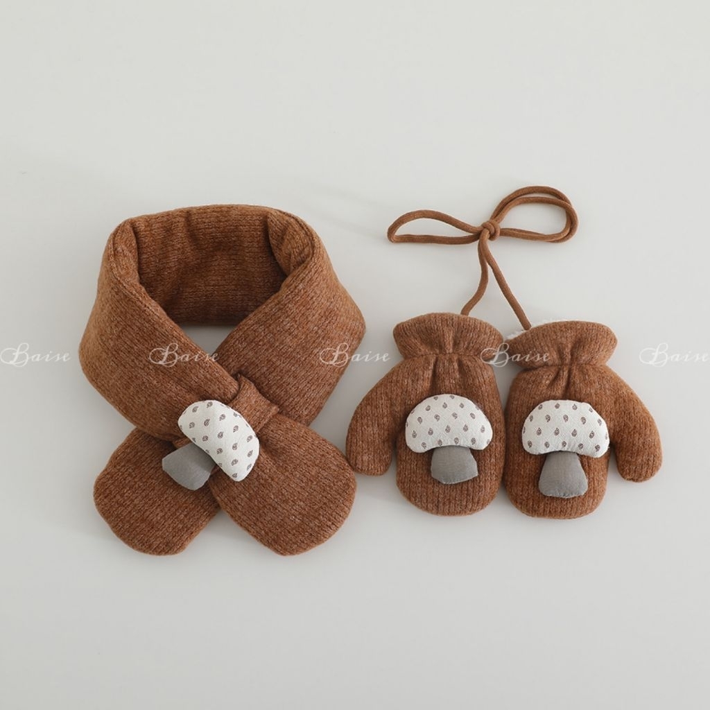 Set Khăn Quàng Cổ Kèm Găng Tay Lót Lông Cho Bé, Bộ Khăn Găng Tay Len Dệt Kim Giữ Ấm Mùa Đông Phong Cách Hàn Quốc