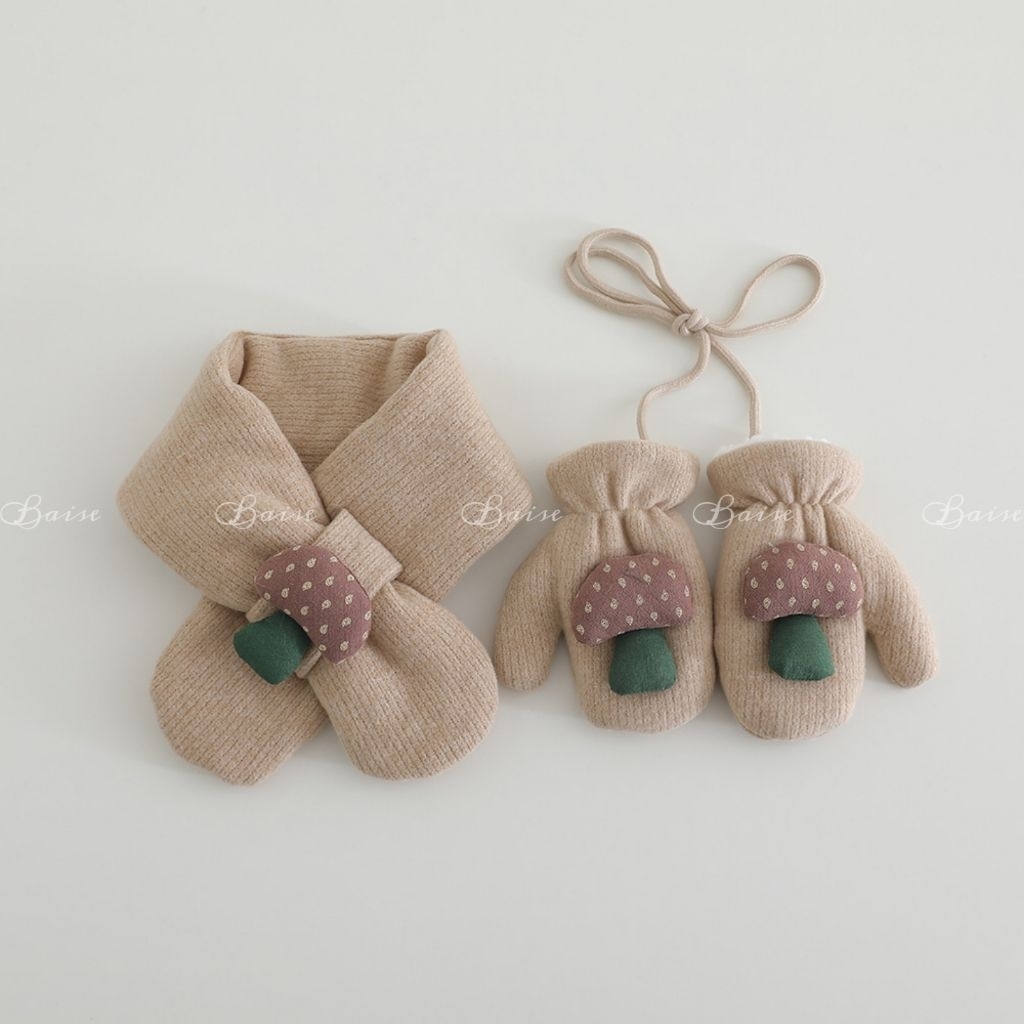 Set Khăn Quàng Cổ Kèm Găng Tay Lót Lông Cho Bé, Bộ Khăn Găng Tay Len Dệt Kim Giữ Ấm Mùa Đông Phong Cách Hàn Quốc