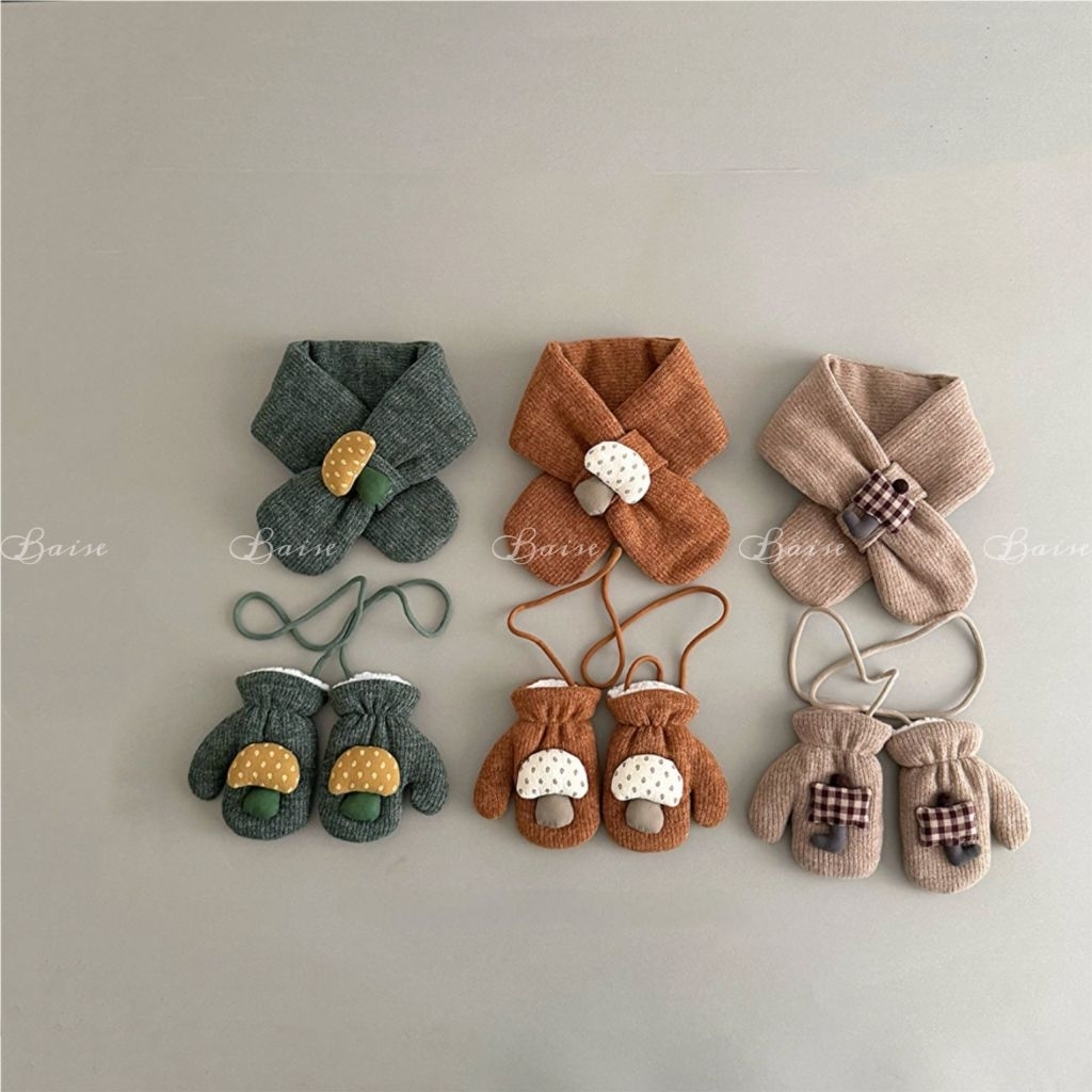 Set Khăn Quàng Cổ Kèm Găng Tay Lót Lông Cho Bé, Bộ Khăn Găng Tay Len Dệt Kim Giữ Ấm Mùa Đông Phong Cách Hàn Quốc