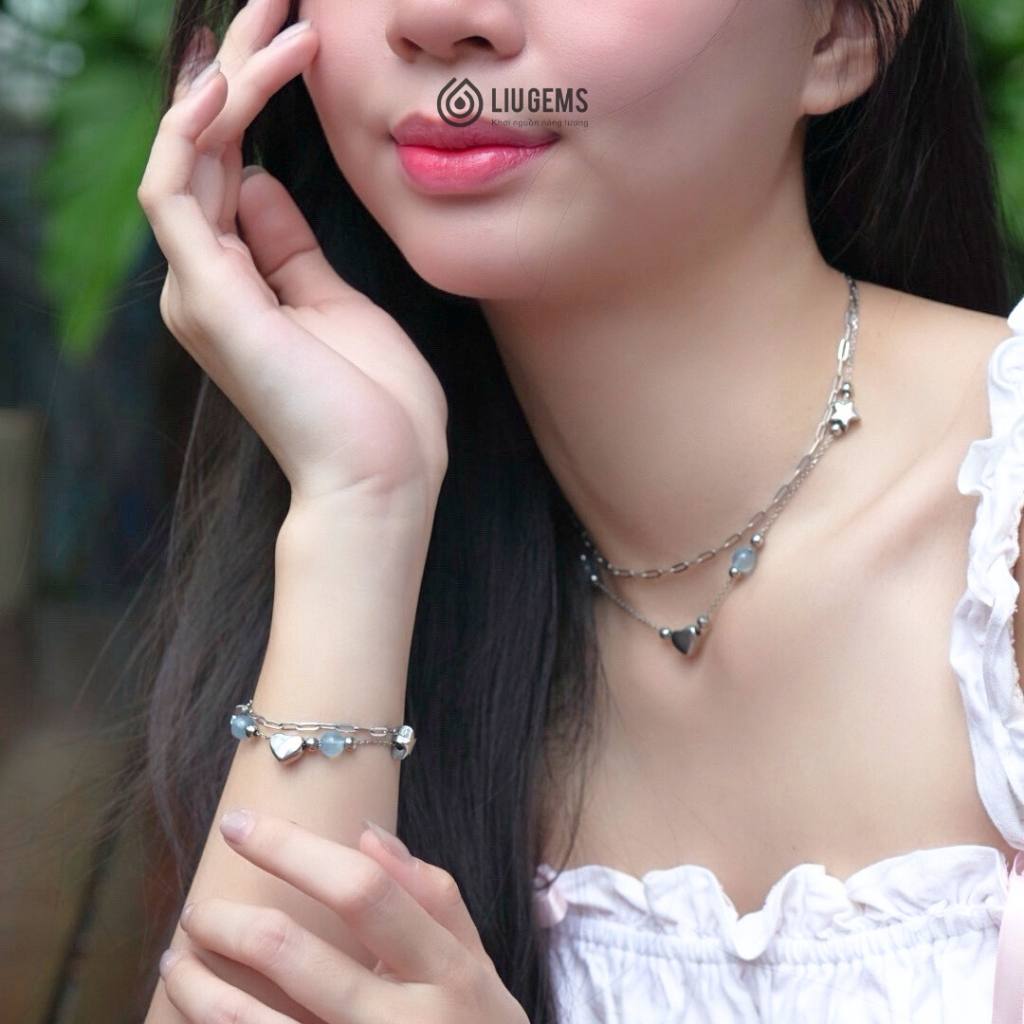 Bộ Trang Sức Thép Không Gỉ Liugems Aquoré Vòng Tay Dây Chuyền Mix Đá Tự Nhiên Cá Tính BVT01