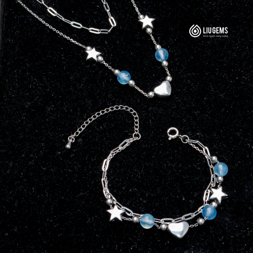 Bộ Trang Sức Thép Không Gỉ Liugems Aquoré Vòng Tay Dây Chuyền Mix Đá Tự Nhiên Cá Tính BVT01