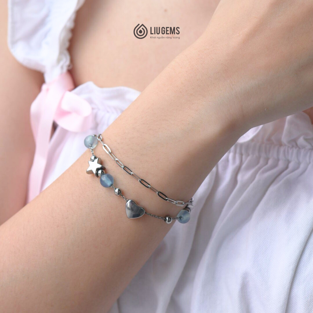Bộ Trang Sức Thép Không Gỉ Liugems Aquoré Vòng Tay Dây Chuyền Mix Đá Tự Nhiên Cá Tính BVT01