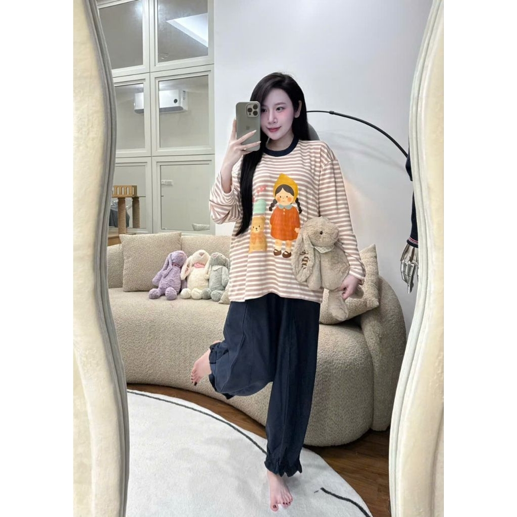 Sét bộ cotton dài tay phong cách hàn quốc mix quần thô cách điệu cute freesize <60kg