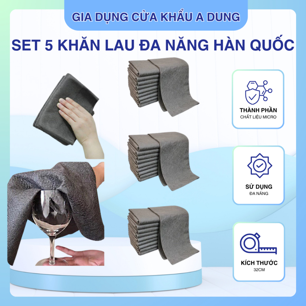 Set 5 Khăn Lau Kính Đa Năng, Khăn Lau Ma Thuật Hàn Quốc Vải Lau Siêu Sạch Lau Chén Bát Gốm Sứ