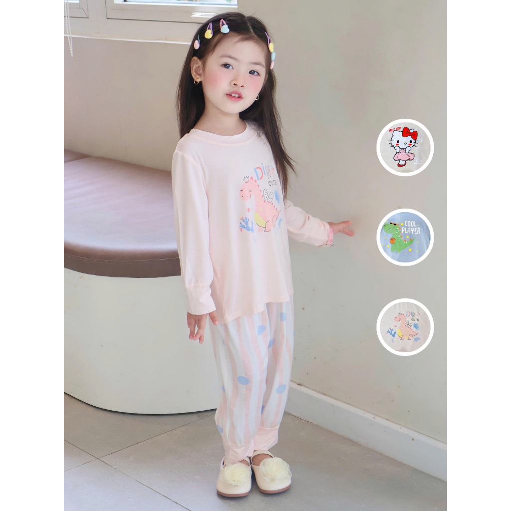 Bộ dài tay cho bé trai gái sợi sồi Modal Lá Homewear A333, đồ ngủ cho bé bo tay chân hình khủng long