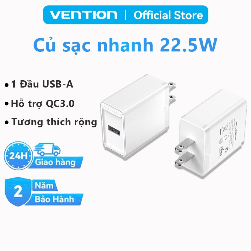 Củ Sạc Nhanh Vention 22.5W Cốc Sạc 1 USB-A Chống Cháy Nổ Dùng Cho Samsung, Xiaomi và Các Dòng Điện Thoại Khác