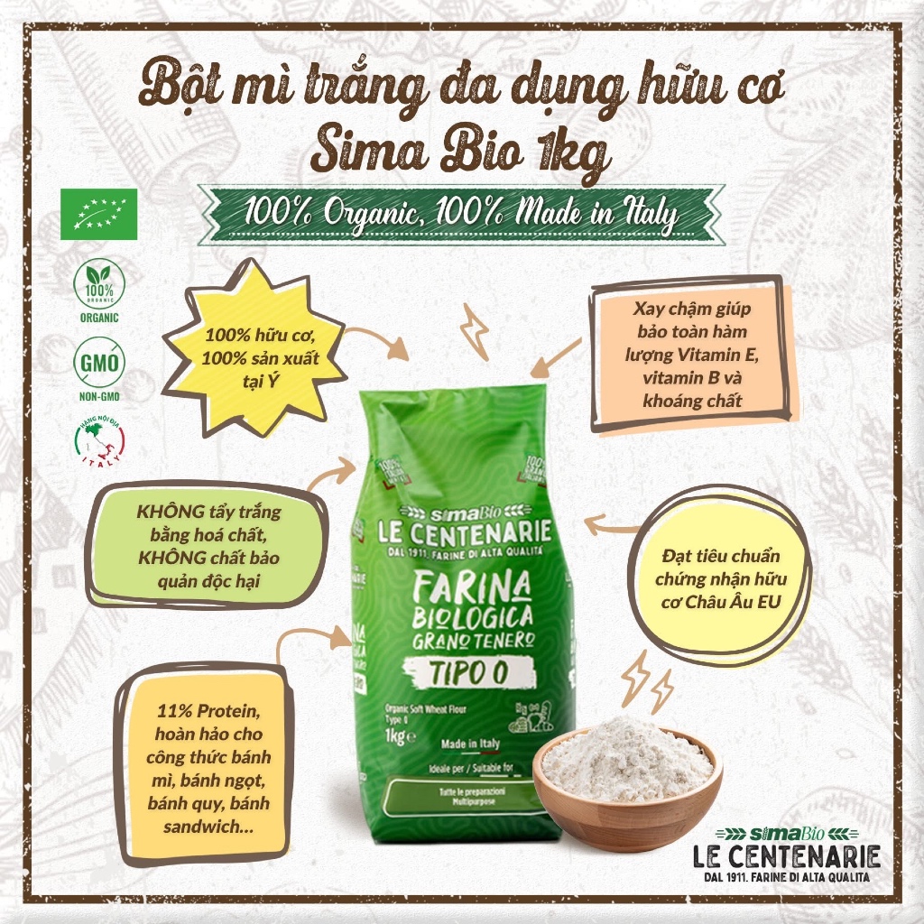 Bột mì đa dụng, bột mì nguyên cám hữu cơ Sima bio, Probios làm bánh, làm đồ ăn dặm cho bé