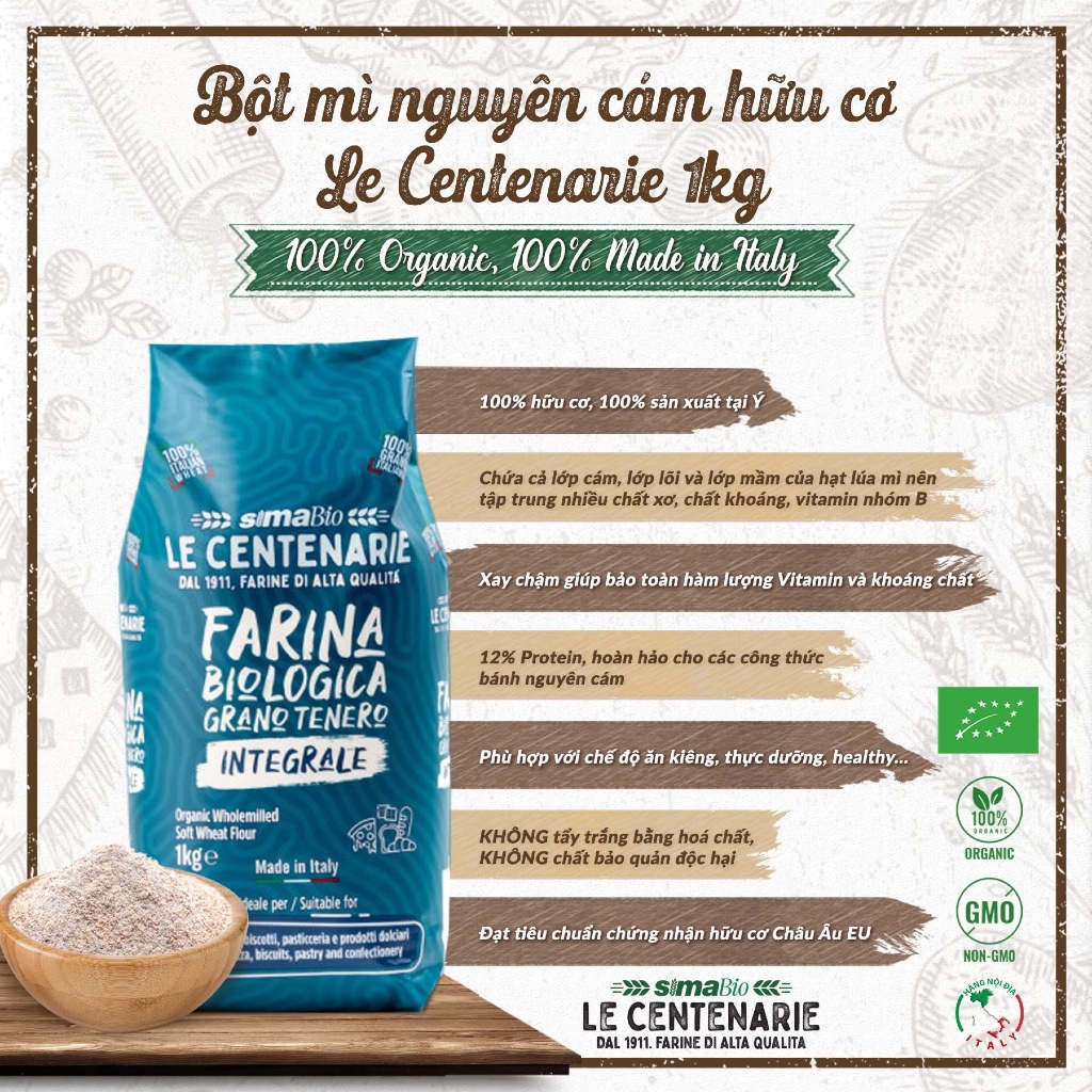 Bột mì đa dụng, bột mì nguyên cám hữu cơ Sima bio, Probios làm bánh, làm đồ ăn dặm cho bé