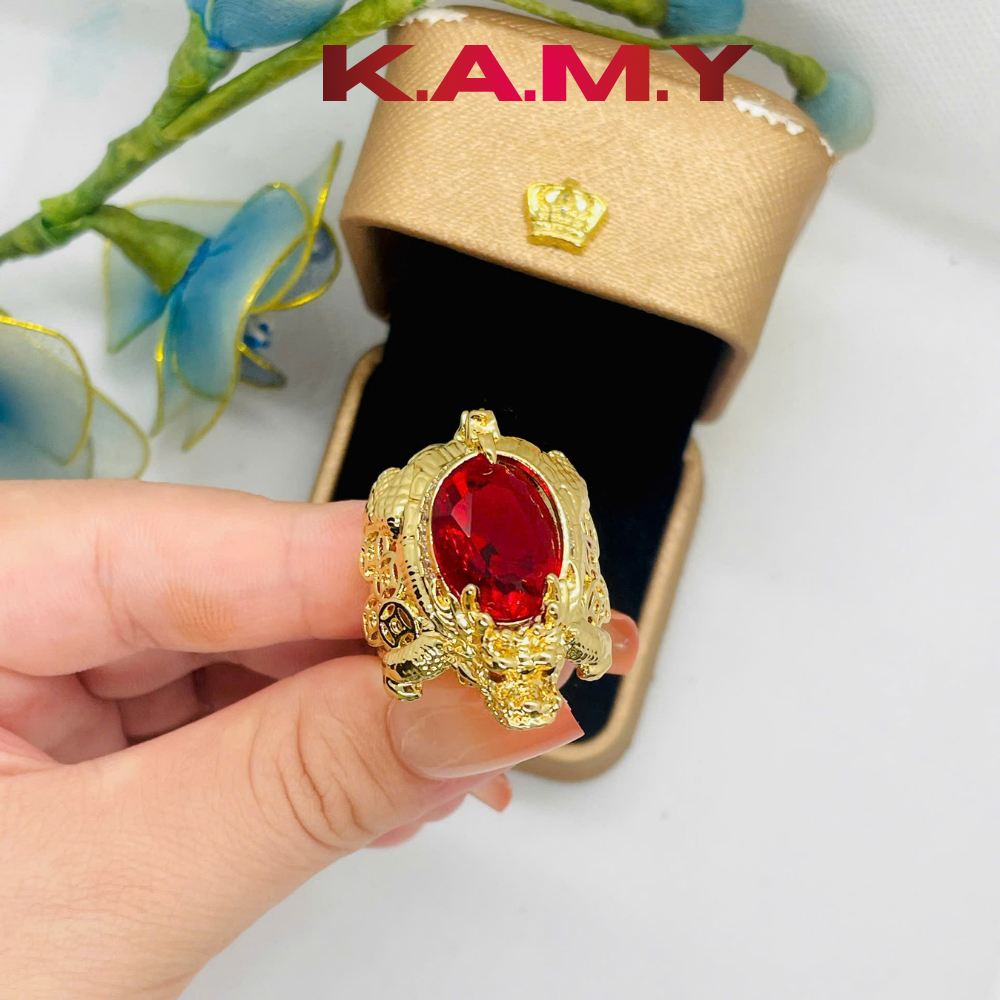 Nhẫn Rùa May Mắn Đá Đỏ Ruby Phong Thuỷ Mạ Vàng – Nhẫn Tài Lộc Chiêu Tài, Vàng Đẳng Cấp – K.A.M.Y
