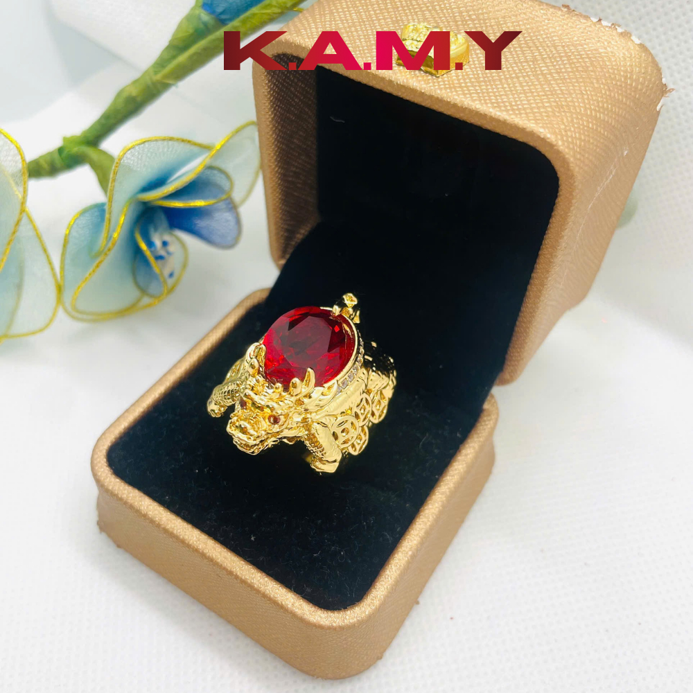 Nhẫn Rùa May Mắn Đá Đỏ Ruby Phong Thuỷ Mạ Vàng – Nhẫn Tài Lộc Chiêu Tài, Vàng Đẳng Cấp – K.A.M.Y