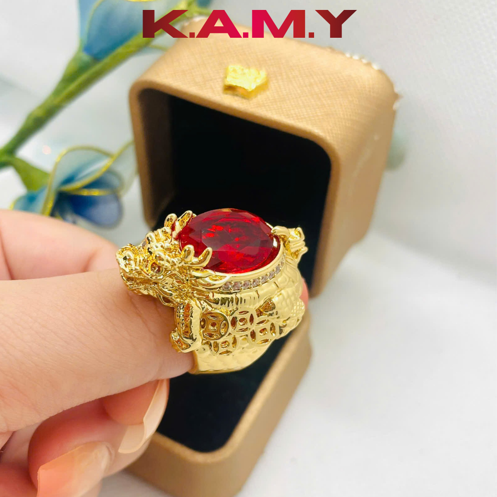 Nhẫn Rùa May Mắn Đá Đỏ Ruby Phong Thuỷ Mạ Vàng – Nhẫn Tài Lộc Chiêu Tài, Vàng Đẳng Cấp – K.A.M.Y