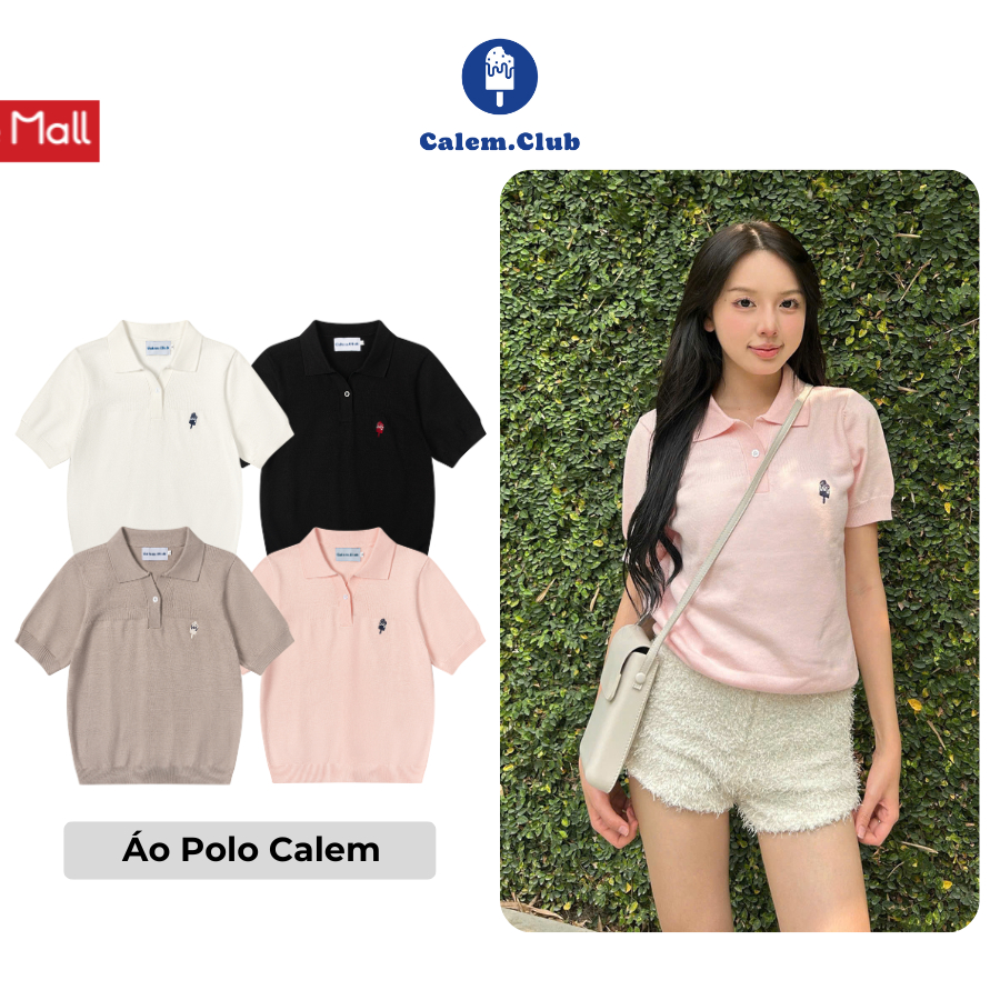 Áo Polo Dệt Kim ICEPOP Calem.Club họa tiết Thêu Mini vải trơn form nữ