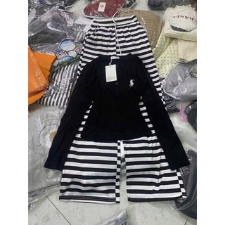 Set bộ áo bbt dài tay cúc ngực in ngựa  mix quần xuông kẻ sọc ngang