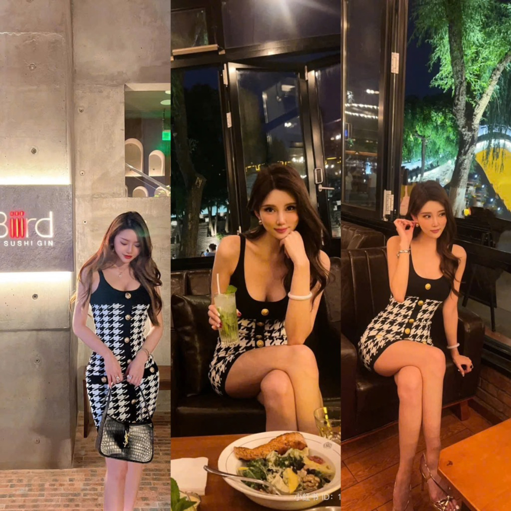 Đầm hai dây body ngắn len nút ziczac đen đỏ xanh