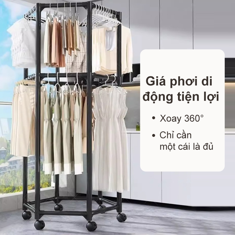 𝐎𝐥𝐢𝐟𝐞 Giá Treo Quần Áo Xoay Hình Lục Giác 360° Có Bánh Xe Cây Treo Quần Áo Ban CôngPhòng Ngủ ĐaNăng