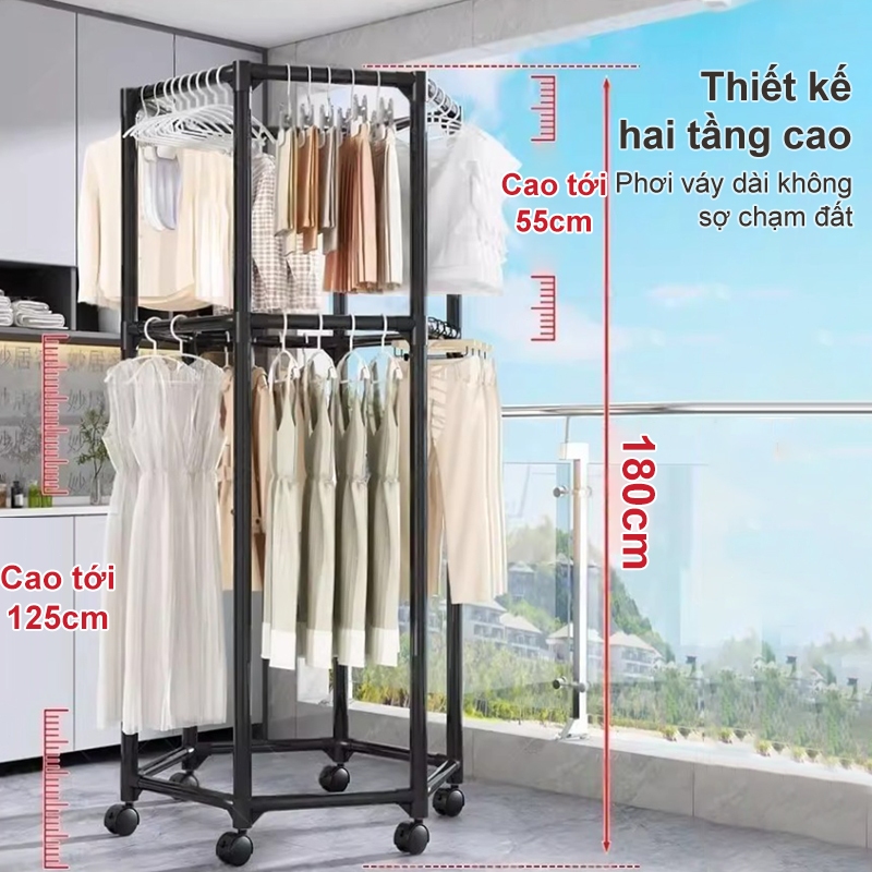 𝐎𝐥𝐢𝐟𝐞 Giá Treo Quần Áo Xoay Hình Lục Giác 360° Có Bánh Xe Cây Treo Quần Áo Ban CôngPhòng Ngủ ĐaNăng