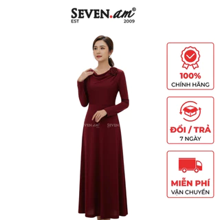 Đầm xòe thun nhũ đỏ đô phối hoa cuốn thời trang nữ Seven.AM H641023I