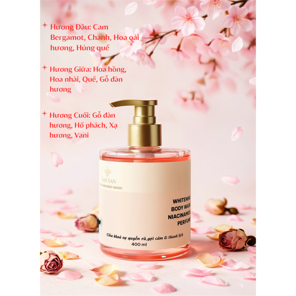 Sữa Tắm Hương Nước Hoa San San 400ml Lưu Hương 8-12H Dưỡng Trắng Da Niacinamide Collagen Da Mềm Mịn Thơm Lâu Cho Nữ
