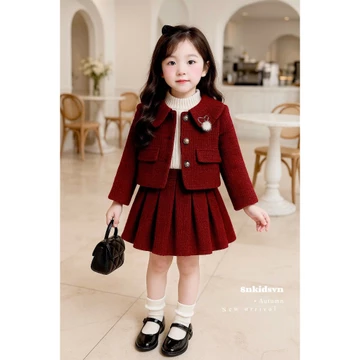 Set đồ Tết bé gái, Set Áo dạ Tweed phối chân váy xoè sang chảnh cho bé diện Tết, Noel từ 10-30kg Mimi Kids