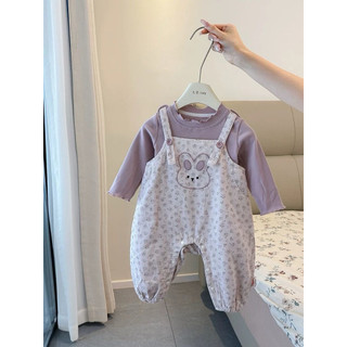 Set yếm hoa nhí hình chú thỏ kèm áo dài tay màu tím pastel dễ thương cho bé gái