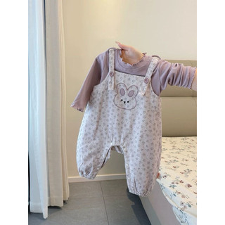 Set yếm hoa nhí hình chú thỏ kèm áo dài tay màu tím pastel dễ thương cho bé gái