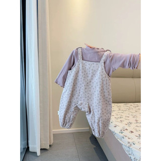 Set yếm hoa nhí hình chú thỏ kèm áo dài tay màu tím pastel dễ thương cho bé gái