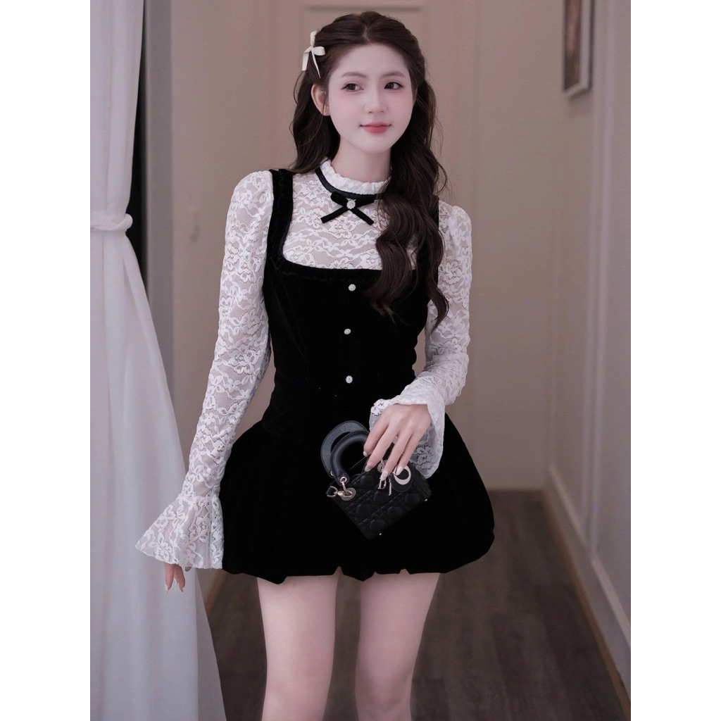 [SẴN S,M] Set 2 chi tiết, váy nhung cúc đá kèm áo ren tay loe S99