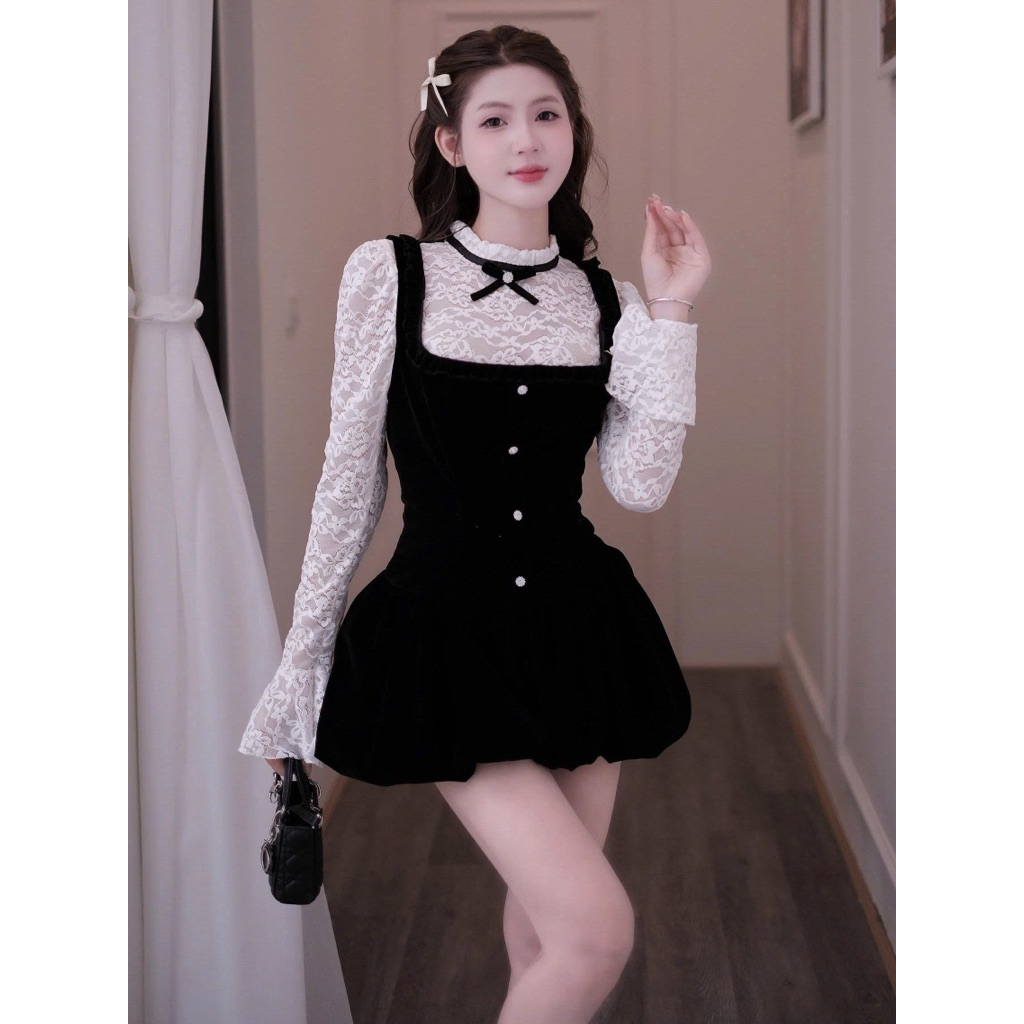 [SẴN S,M] Set 2 chi tiết, váy nhung cúc đá kèm áo ren tay loe S99
