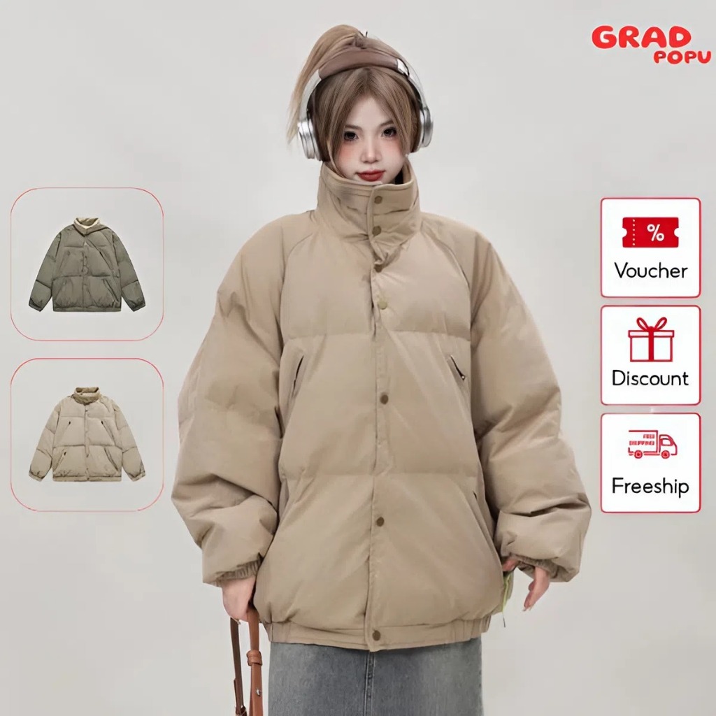 Áo phao nữ GRADPOPU cổ đứng chần bông dày ấm form rộng basic thoải mái cho mùa đông ngoài trời PAP36
