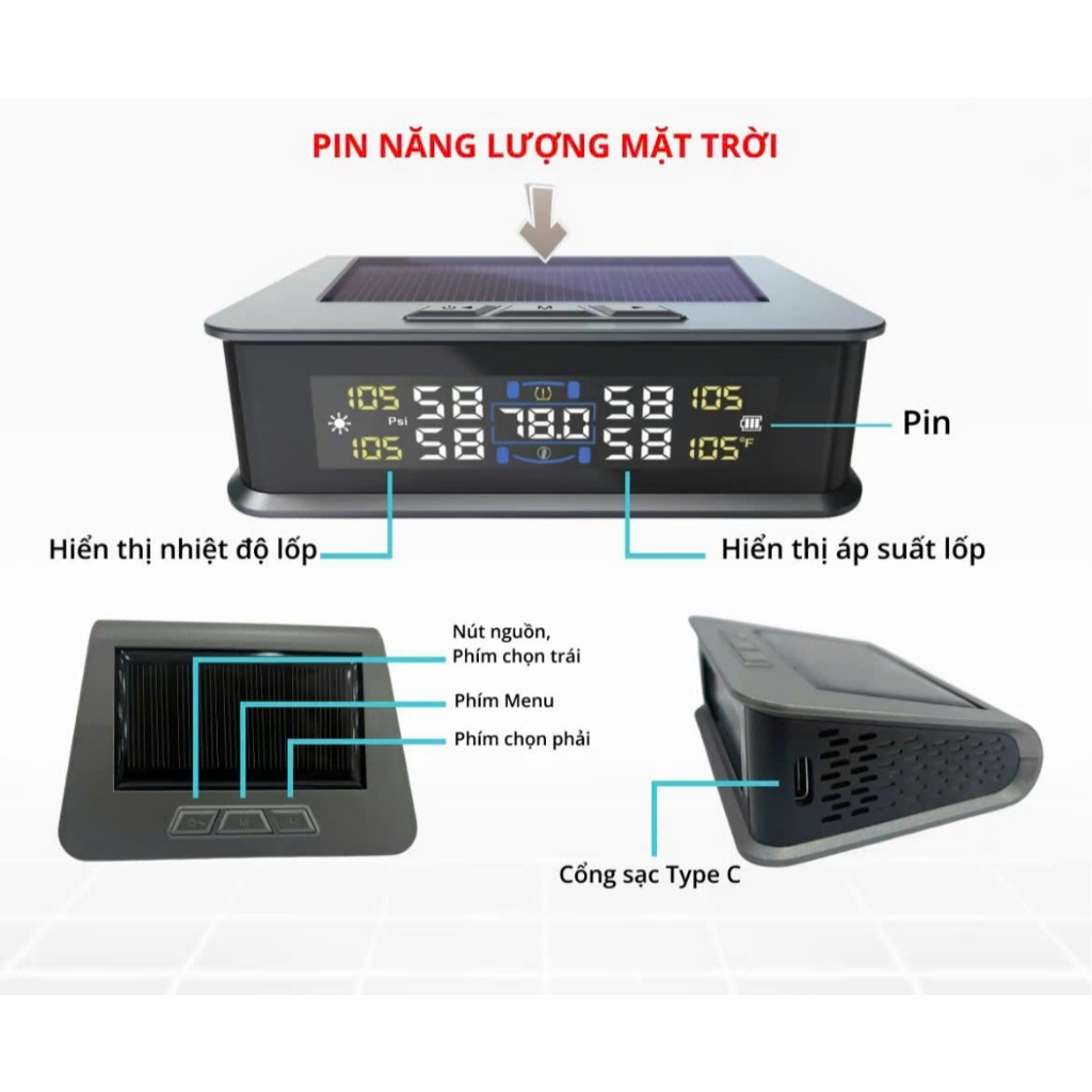 Bộ cảm biến theo dõi áp suất lốp  ô tô xe hơi tpms van ngoài cao cấp màn LCD Pin hỗ trợ năng lượng mặt trời