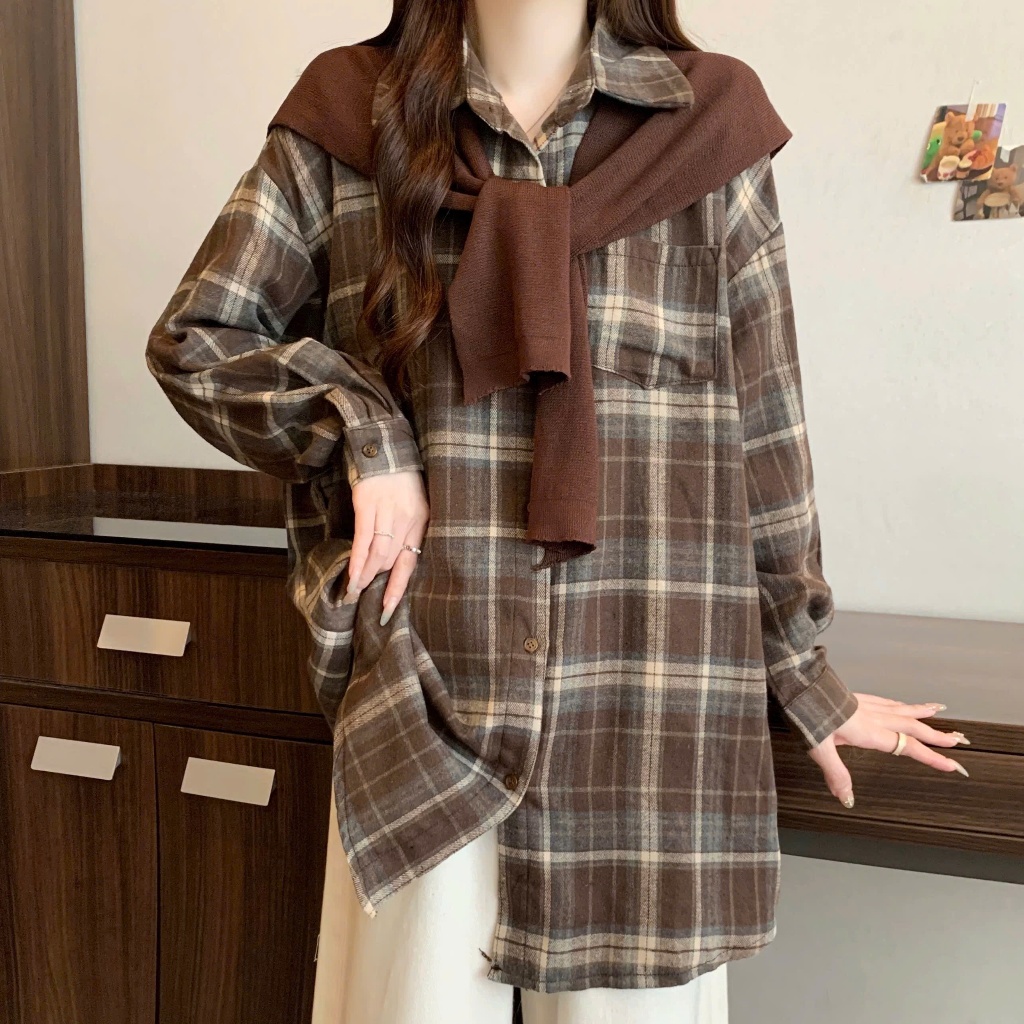 Áo Sơ Mi Caro Đỏ Đô Tay Dài Thô Mềm Kèm Khăn Choàng Thủy Thủ Lên Phom Thoải Mái SM182+A195
