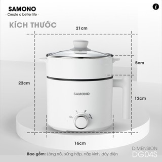 Nồi điện đa năng Samono lẩu điện 1.5L chống dính công suất 450W ăn mì nấu lẩu kèm xửng hấp SW-DG04S
